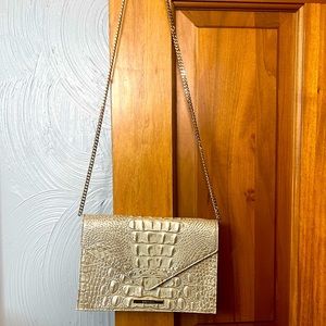 Brahmin Neutral Snakeskin Handbag with Magnetic Closure and Small Chain Strap